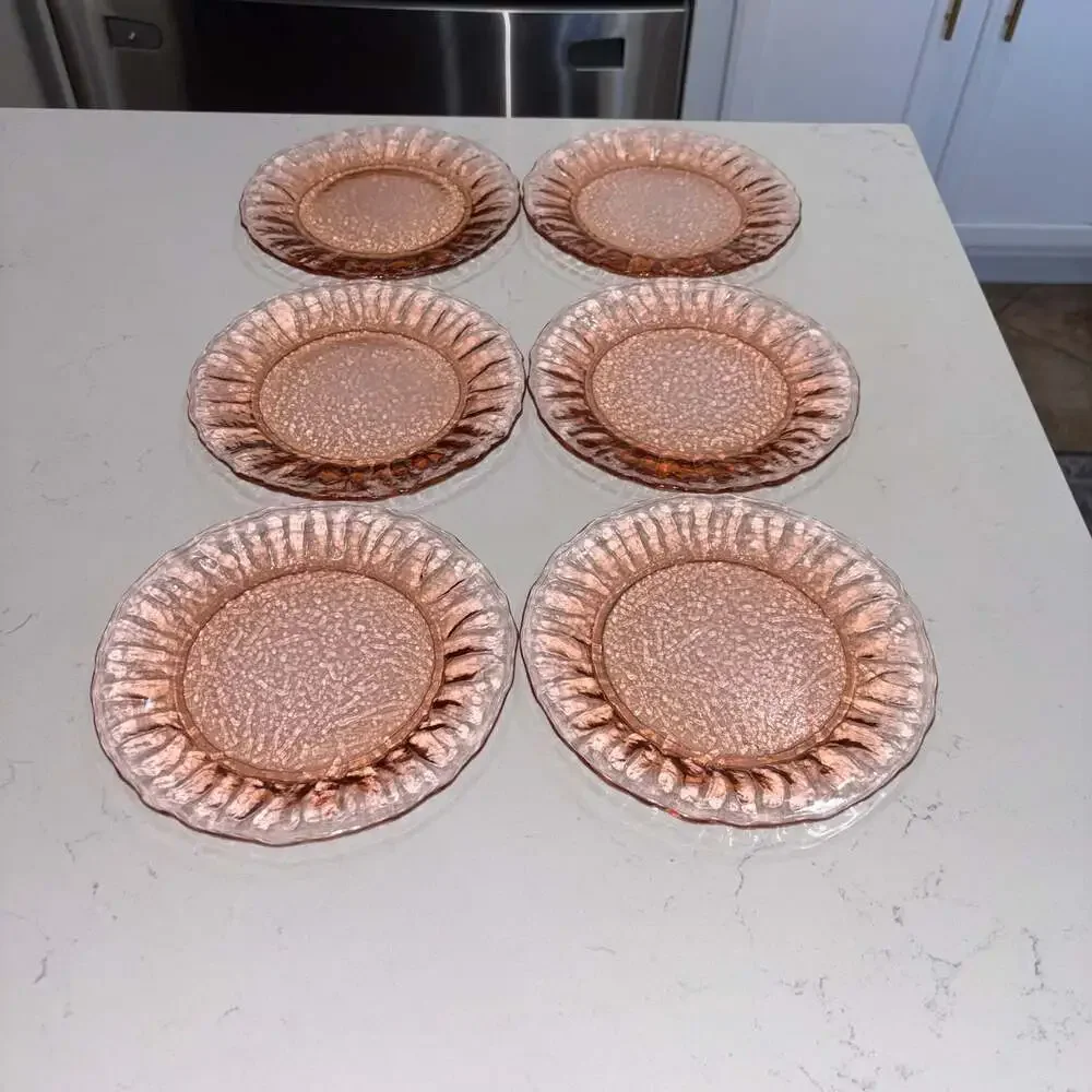 Vintage Morgantown Seneca Pink Crinkle Glass Bread/Salad Plates 7.25” (6)